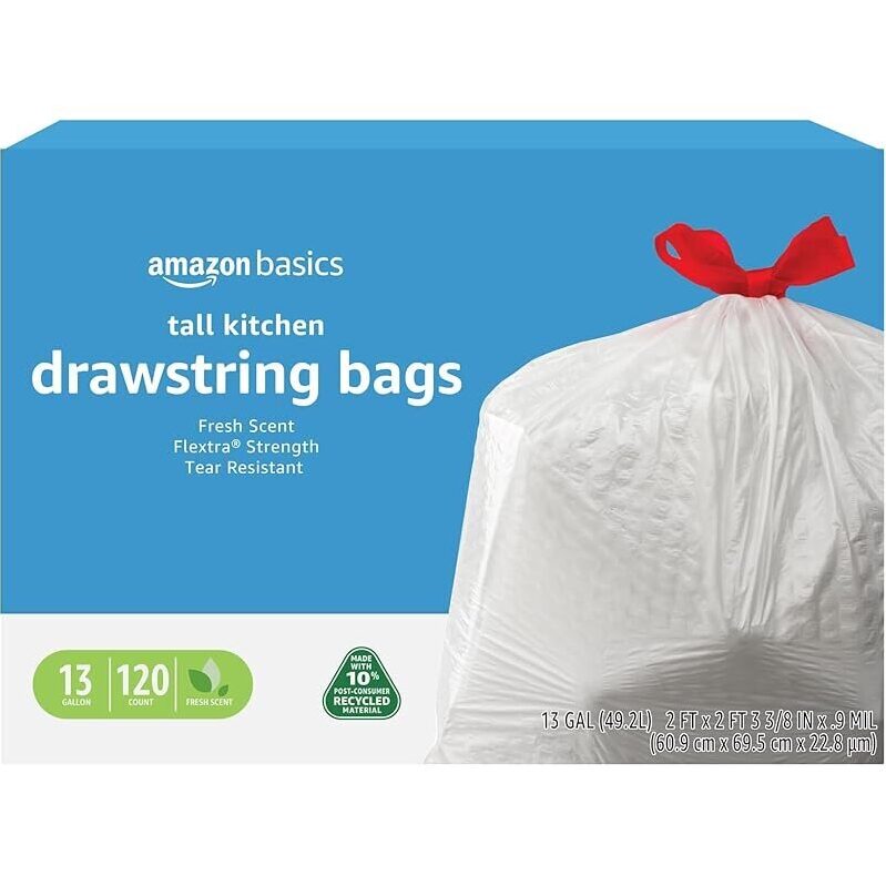Amazon Basics 13 Gallon Tall Kitchen Drawstring Trash Bags 120ct