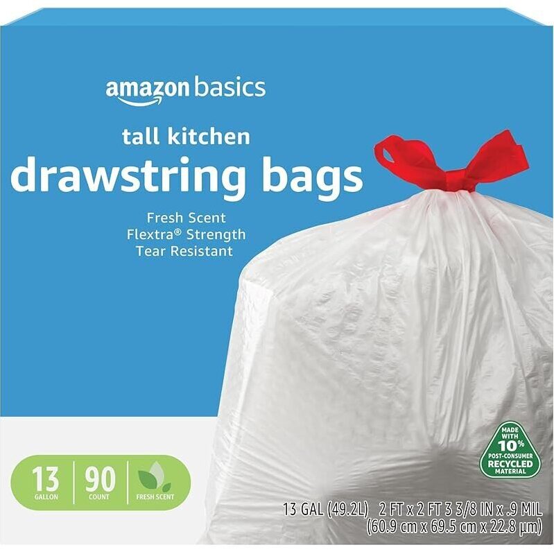 Amazon Basics 90-Count 13 Gallon Tall Kitchen Drawstring Trash Bags