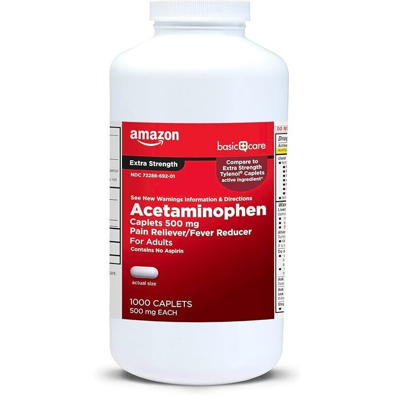 1000ct Amazon Basic Care Extra Strength Acetaminophen Caplets 500mg