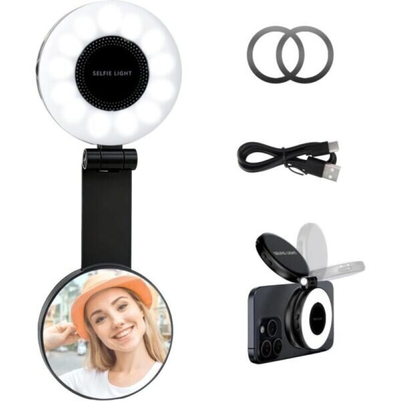 Magnetic Selfie Light for iPhone and Android with Mirror and Foldable Magnetic Fill Light