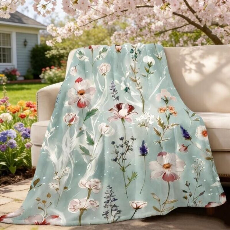 Elegant Floral Throw Blanket for Couch - 50x60 Inch, Green Watercolor Wildflower Spring Blanket