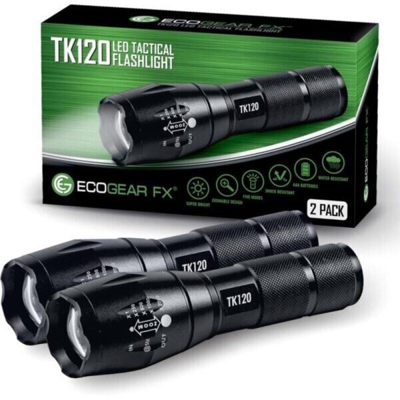 EcoGear FX LED Tactical Flashlights - 2 Pack with High Lumens, 5 Modes, Zoomable Beam