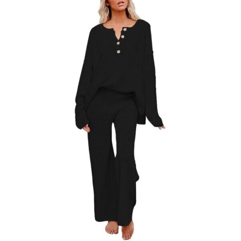 Black XL Loose Fit Knitwear Set - Button-Up Sweater and Wide-Leg Pants