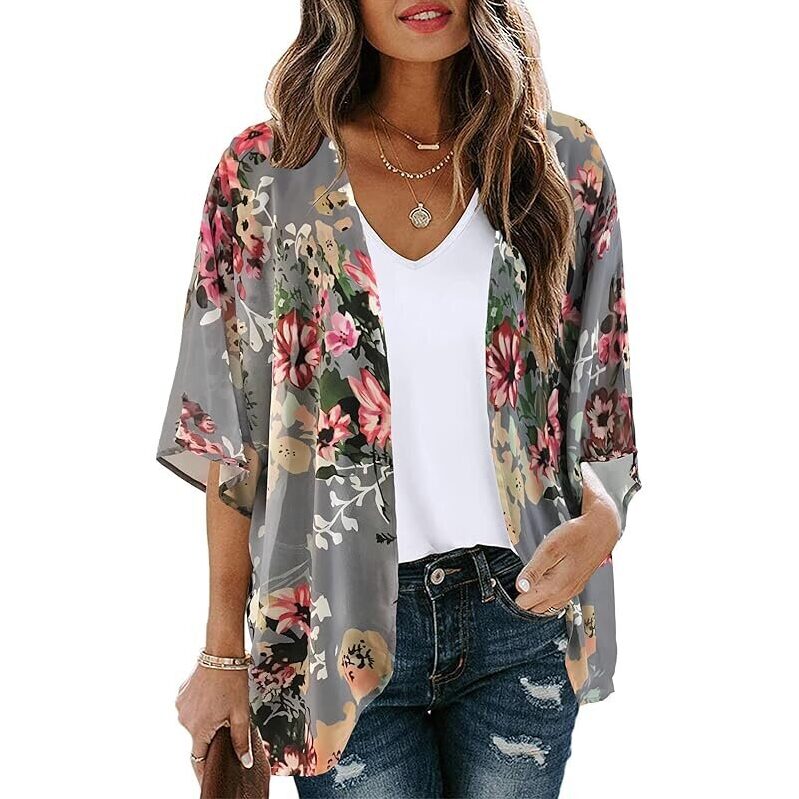 Chicgal Floral Print Puff Sleeve Kimono Cardigan for Women - Perfect Summer Plus Size Top
