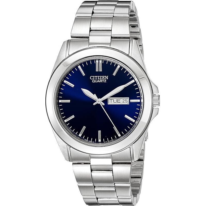 Citizen Mens Classic Quartz Watch: Polished Silver Tone, Blue Dial