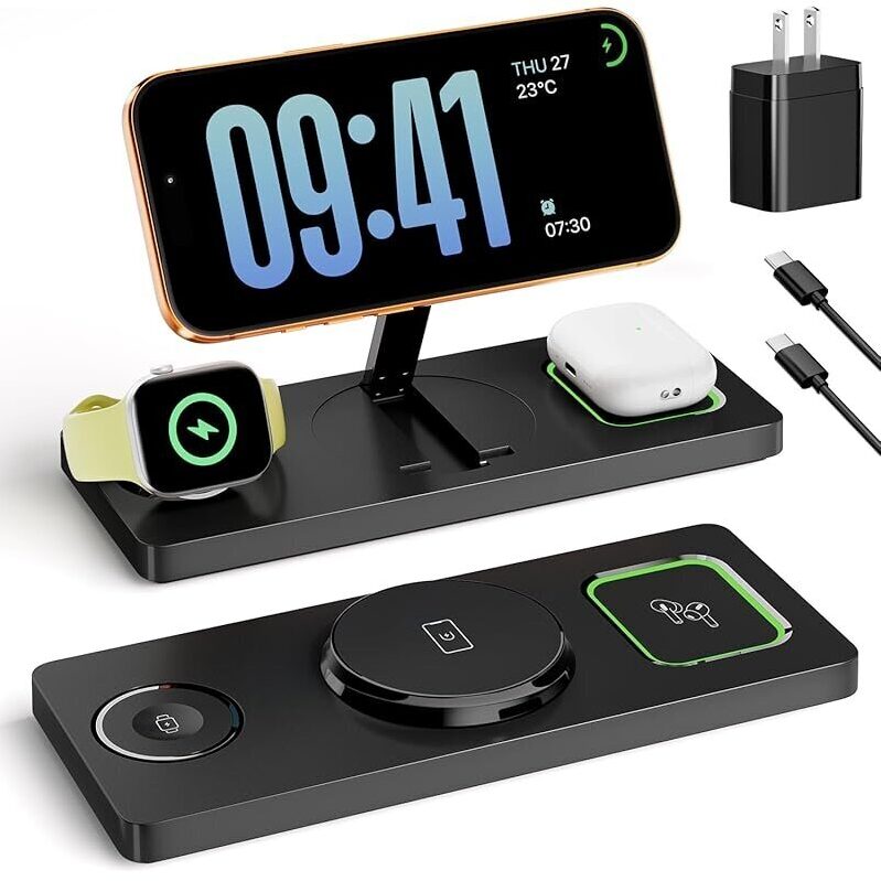 3-in-1 Foldable Wireless Charging Station & Dock with 15W Adapter