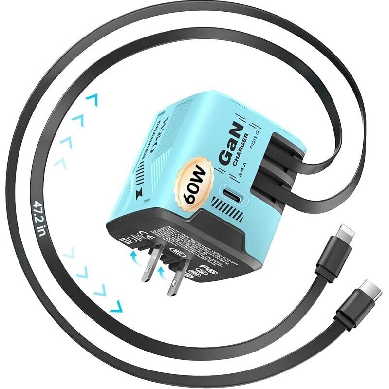 Retractable 60W Wall Plug Charger with Type-C Cable