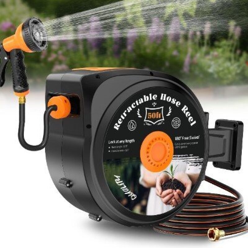 Expandable Garden Hose Reel with Sprayer - 50ft