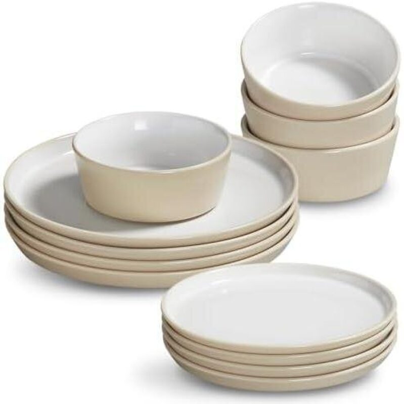 12-Piece Ceramic Dinnerware Set - Microwave & Dishwasher Safe - Creamy Beige