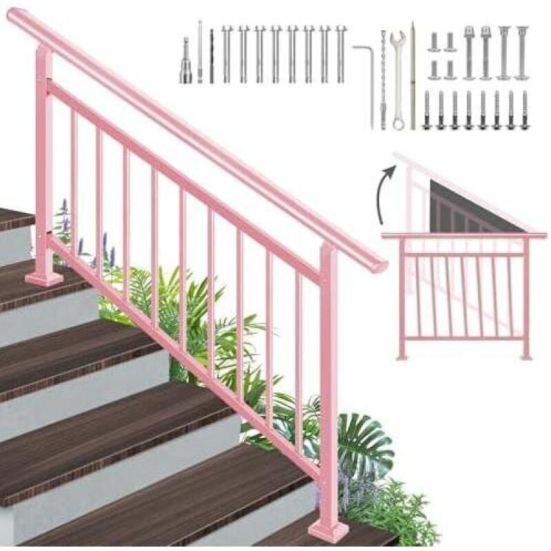 Adjustable Outdoor Stair Handrail - Pink, 1-5 Steps, Installation Kit Included
