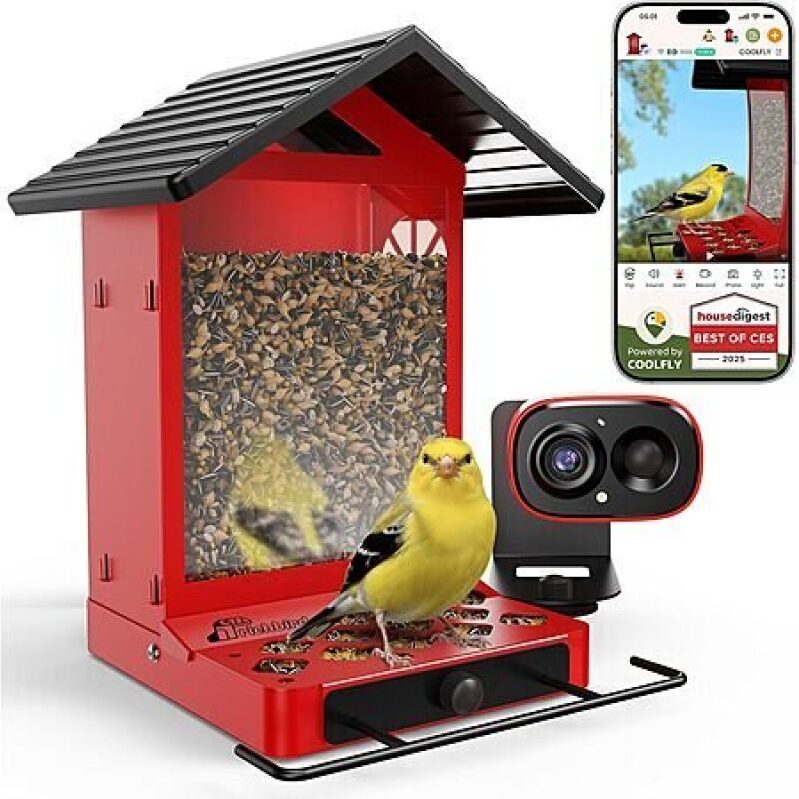 Smart Solar Metal Bird Feeder with 2.5K Camera and Night Vision - Red