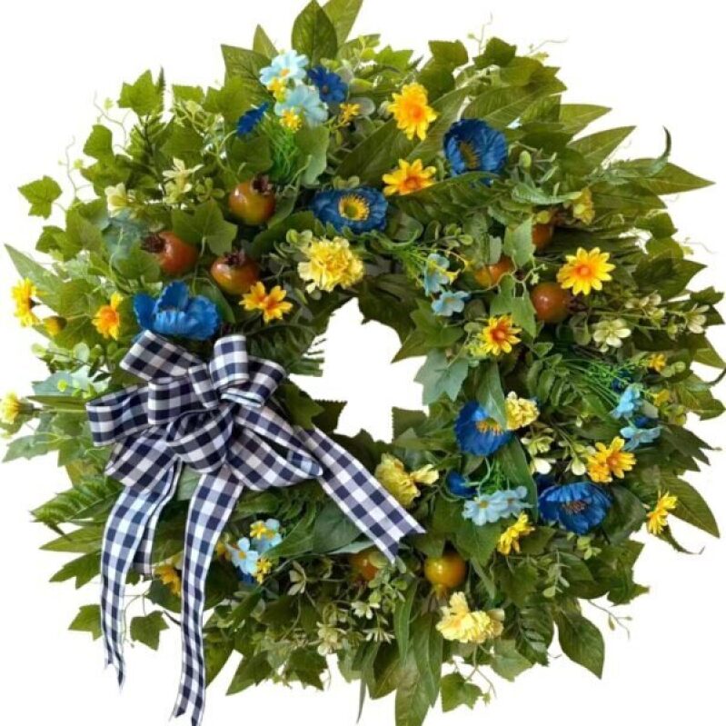 Elegant 24 Inch Spring Summer Wreath, Blue and Yellow Floral Design - Perfect for All Seasons