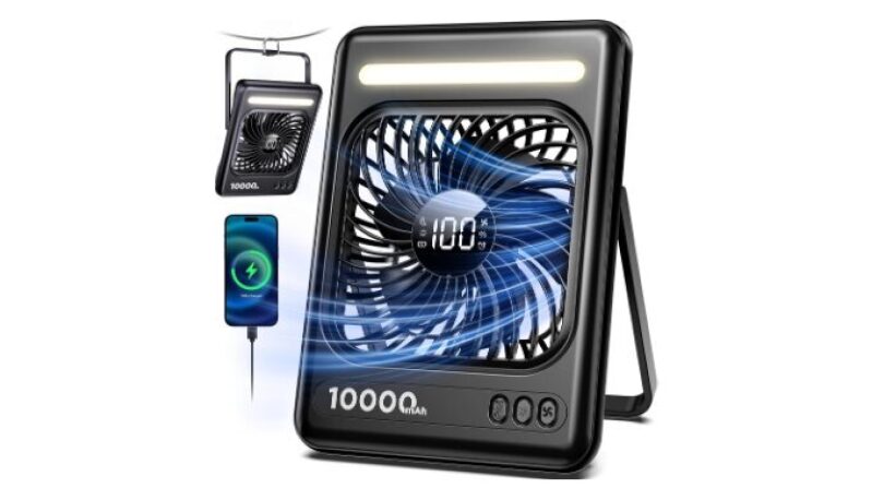 40% Off Ultra Quiet Portable Travel Fan with 10,000mAh Battery and LED Lights