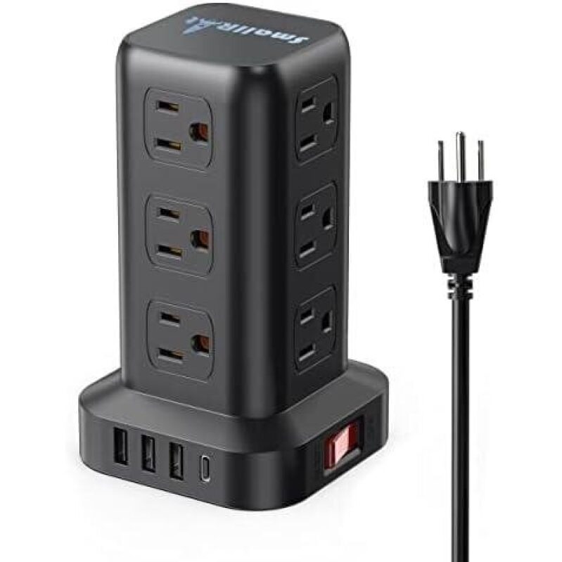High-Efficiency Tower Power Strip with USB Charging - 12 AC Outlets, 20W PD Fast Charging, Overload Protection