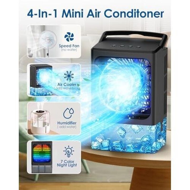 Portable Mini Air Conditioner with Humidifier - 3 Speeds & 7 Color Lights