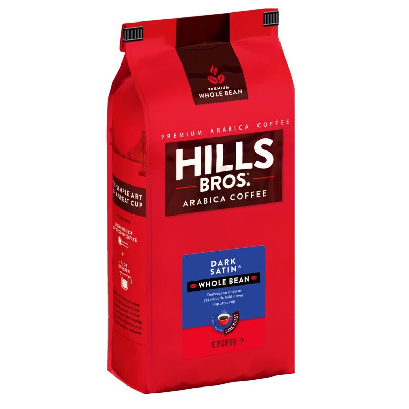 Hills Bros. Dark Satin Whole Bean Coffee 32oz - Bold Flavor, Long-lasting Freshness