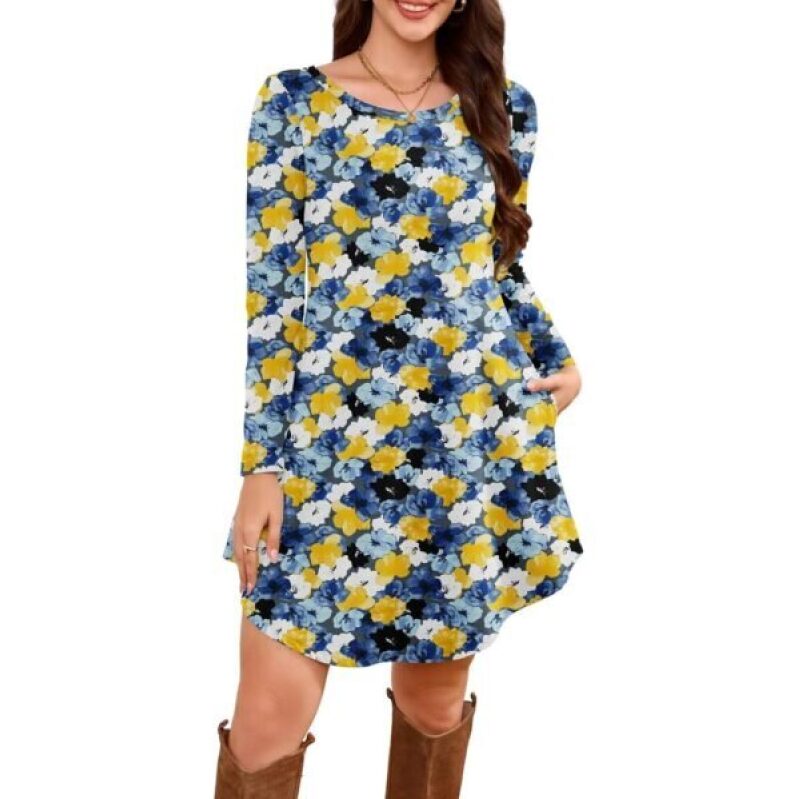 Affordable Floral Long-Sleeve Dress with Pockets - Perfect for Casual Wear