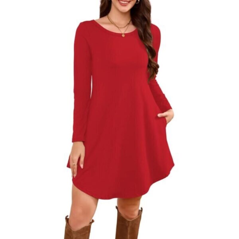 Red Long-Sleeve T-Shirt Dress - Stylish and Comfortable