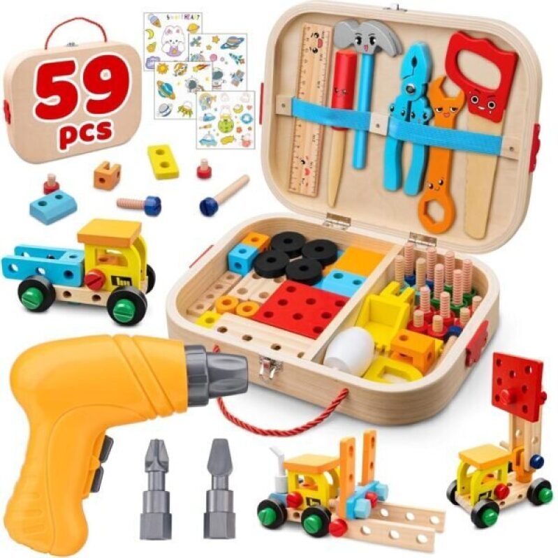 59Pcs Kids Tool Set Toy for Boys - Educational STEM Wooden Play Tool Box Kit