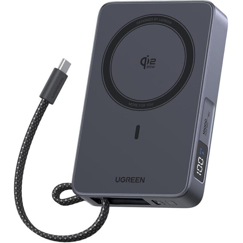 UGREEN MagFlow 10,000mAh Power Bank with Built-in Cable - Fast Wireless Charging