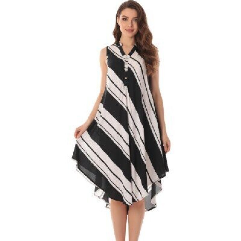 Chic Black and White Striped Sleeveless Dress for Women