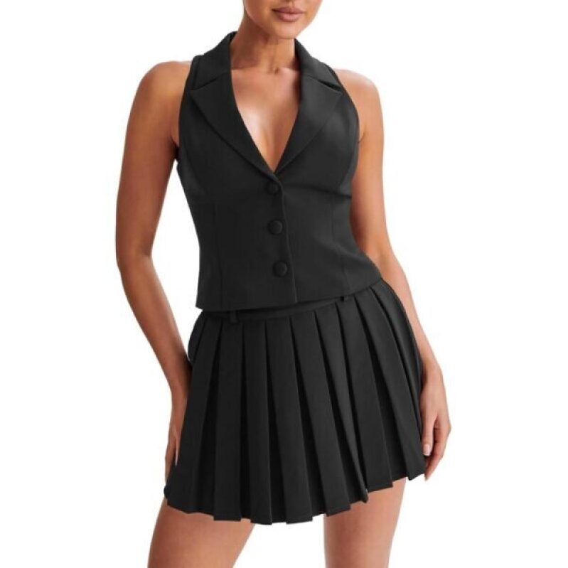 Stylish Black Blazer and Skirt Set -50% Off