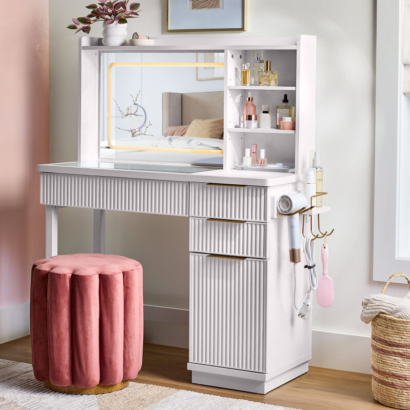 Lillian Vanity Desk w/LED Lighted Mirror - Space-saving, Elegant Design