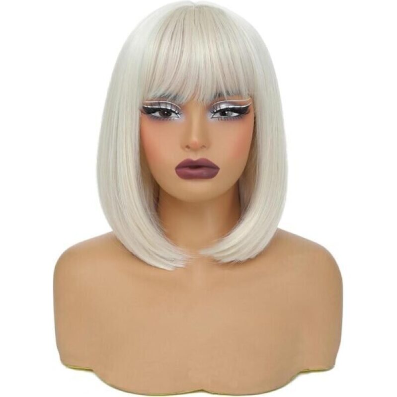 Elegant Platinum Blonde Short Wig for Women with Bangs - Natural and Stylish Synthetic Hair