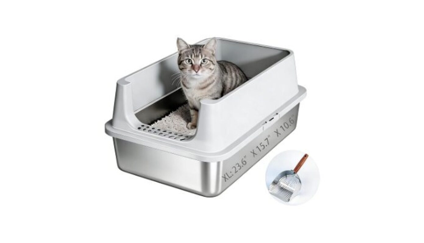 Stainless Steel Litter Box with High Sided Plastic Enclosure - Odor-Free & Easy Clean