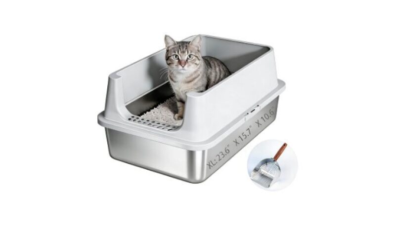 Stainless Steel Litter Box with High Sided Plastic Enclosure - Odor-Free & Easy Clean