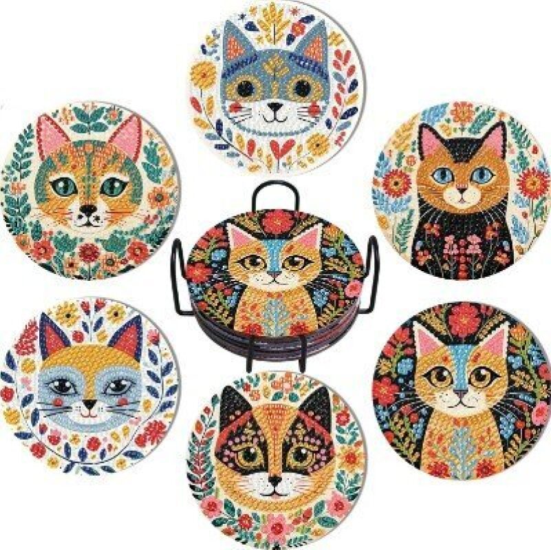 Elegant Cat-Themed Diamond Painting Coaster Set - 6 Pieces