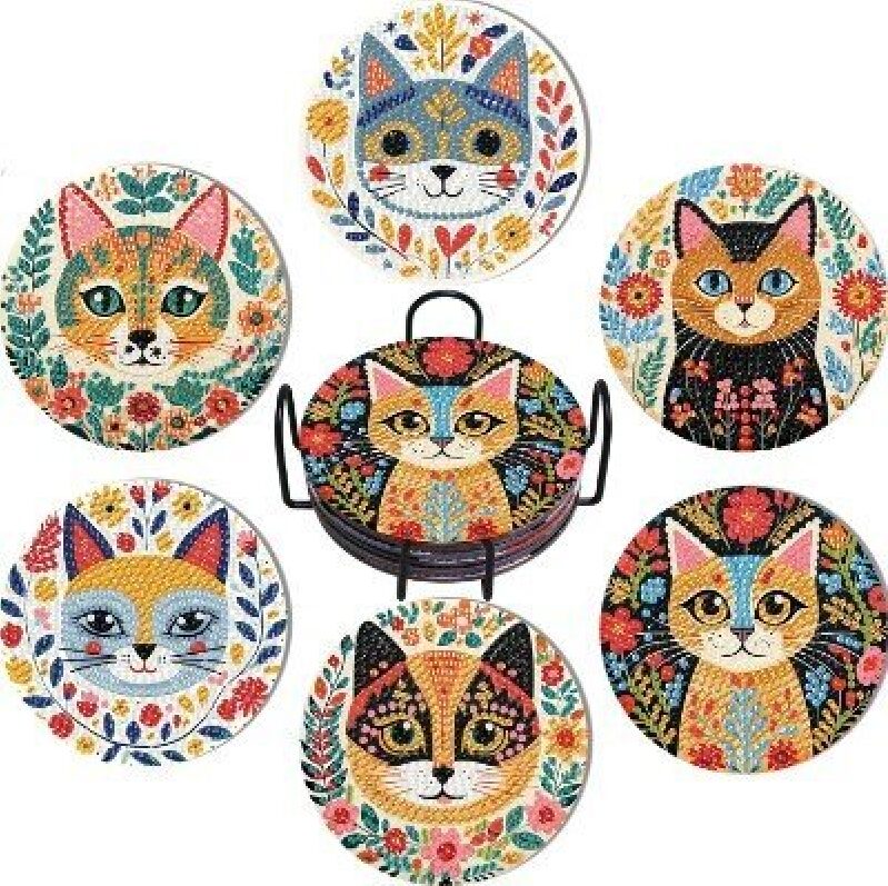 Elegant Cat-Themed Diamond Painting Coaster Set - 6 Pieces