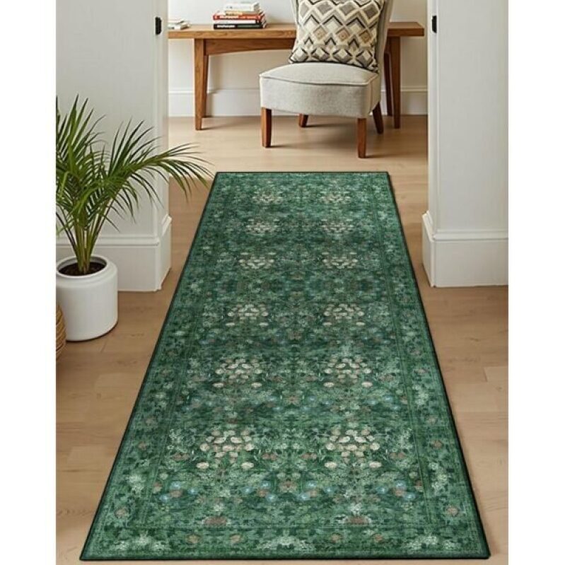 Boho Green Long Hallway Runner Rug - Farmhouse Floral Botanical Non Skid Kitchen Floor Mat