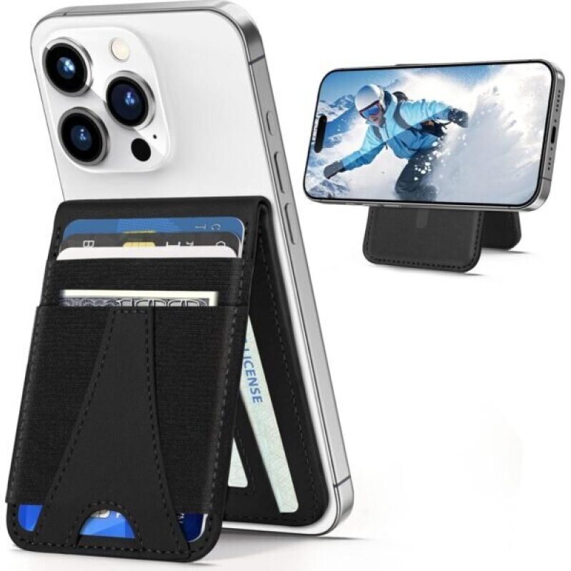 Miroddi Magnetic Phone Wallet Stand for iPhone 16/16 Pro, 15/14/13/12 Series, Black-Upgrade, 4 Card Slots, Foldable, RFID Blocking, Kickstand