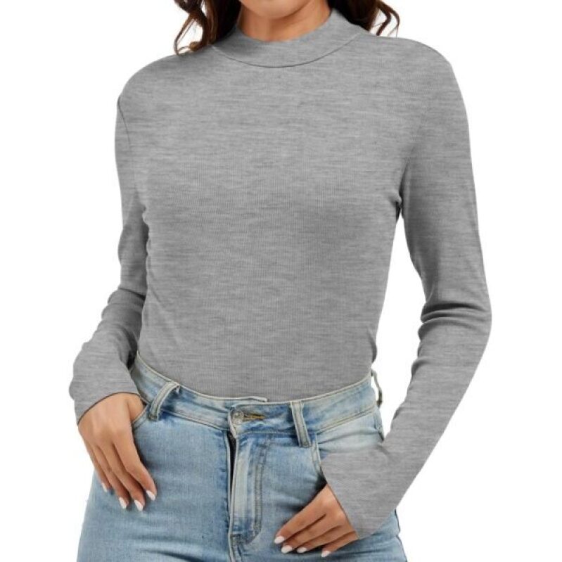 Jeqeocafy Women's Ribbed Mock Neck Long Sleeve T-shirt - Light Gray
