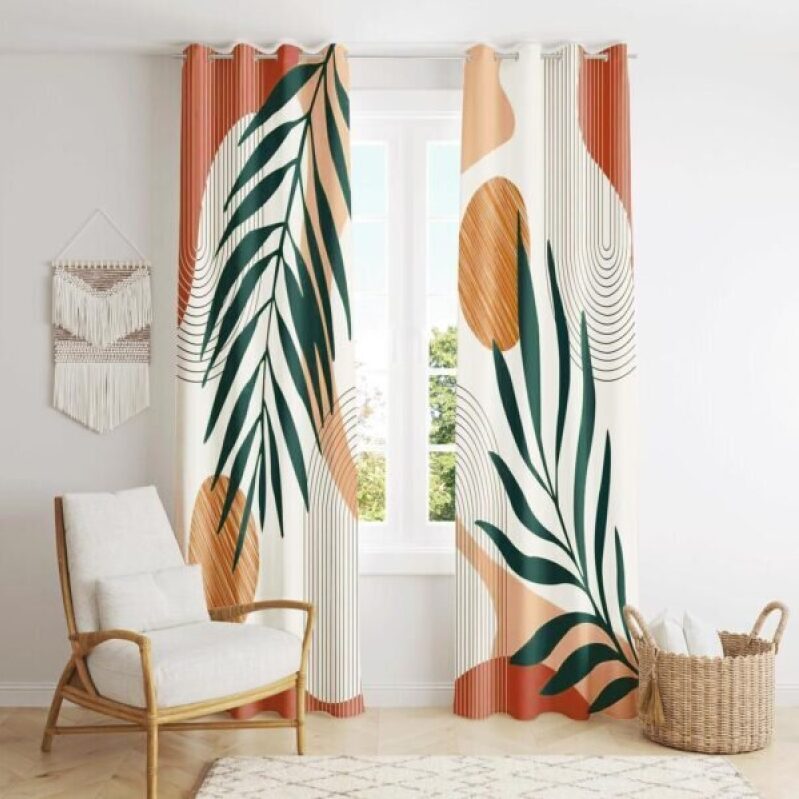 Mid Century Modern Curtains Set - Boho Leaf Print for Bedroom