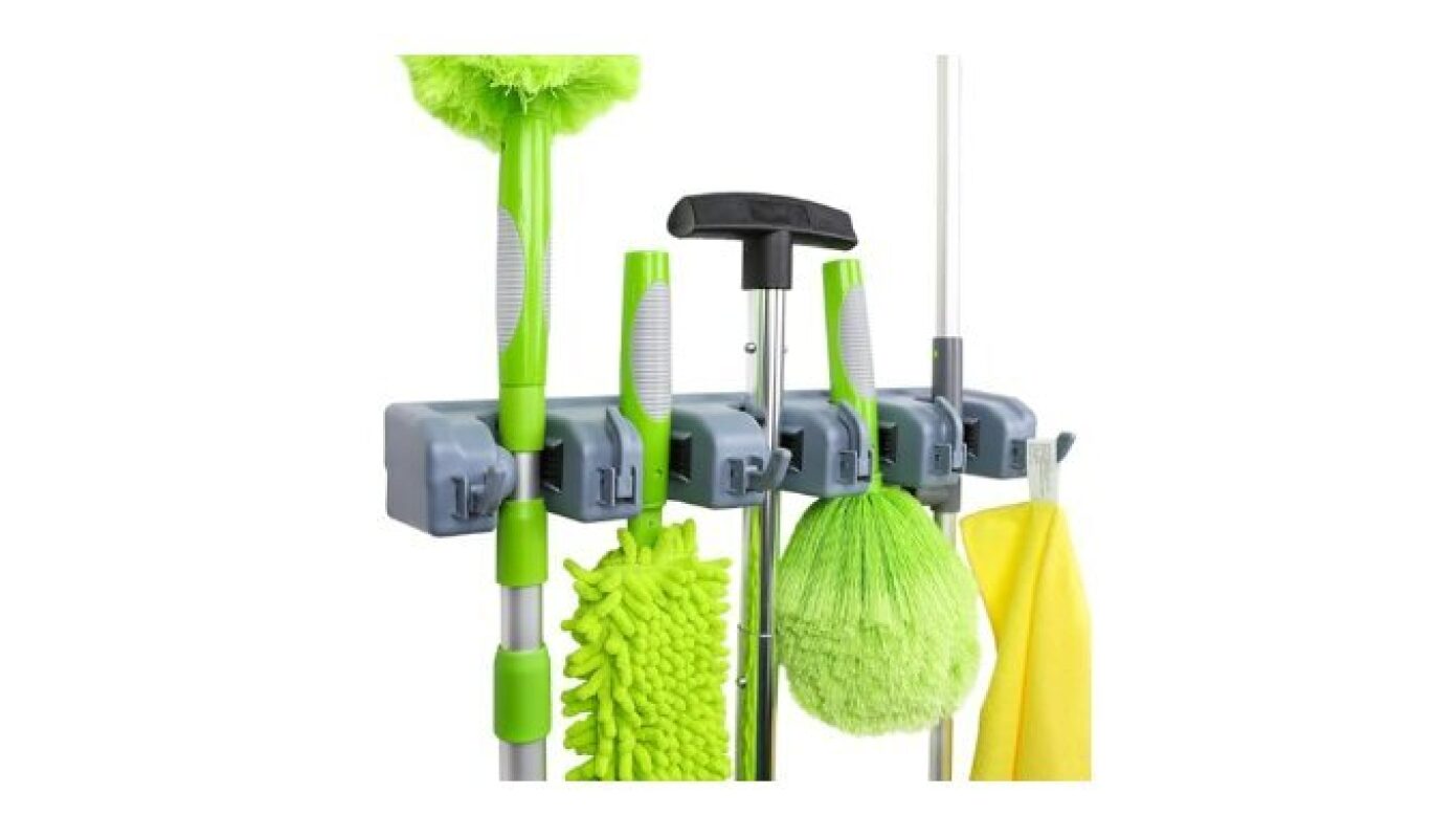 Amazon Basics Wall Mount Broom and Mop Holder - Heavy Duty, Durable, and Versatile