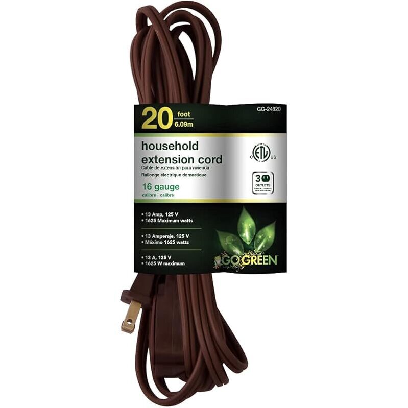 20ft Household Extension Cord w/3 Outlets - Reliable & Safe