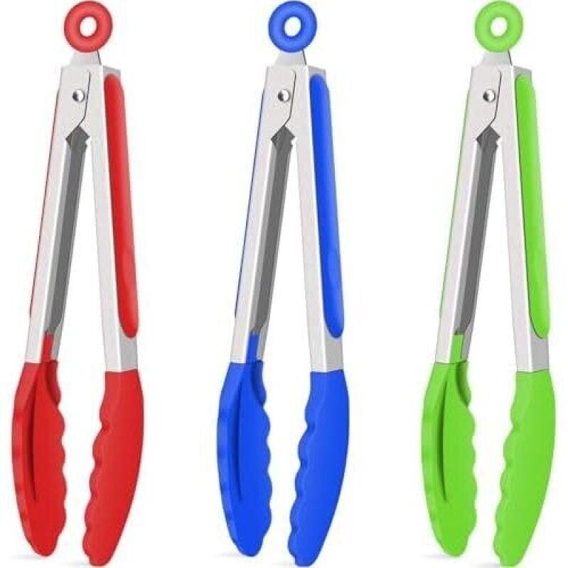 TOPSKY 3-Piece Silicone Tongs - Red, Blue, Green
