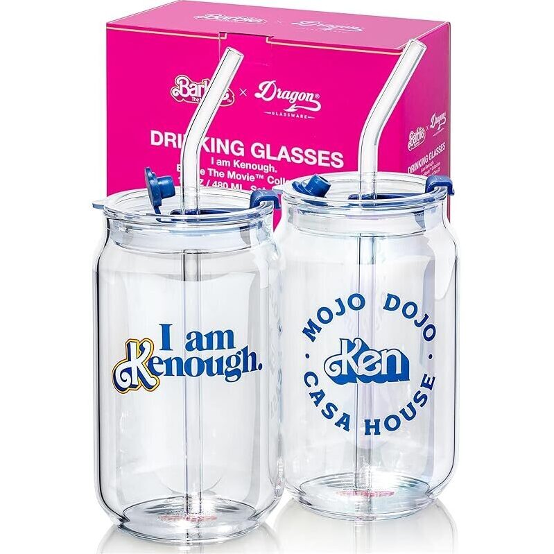 Barbie The Movie 16oz Glass Cups w/ Lids & Straws - Perfect for Movie Fans