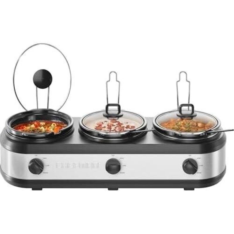Three-Pot Electric Slow Cooker with Ceramic Inserts - 7.5Qt Capacity