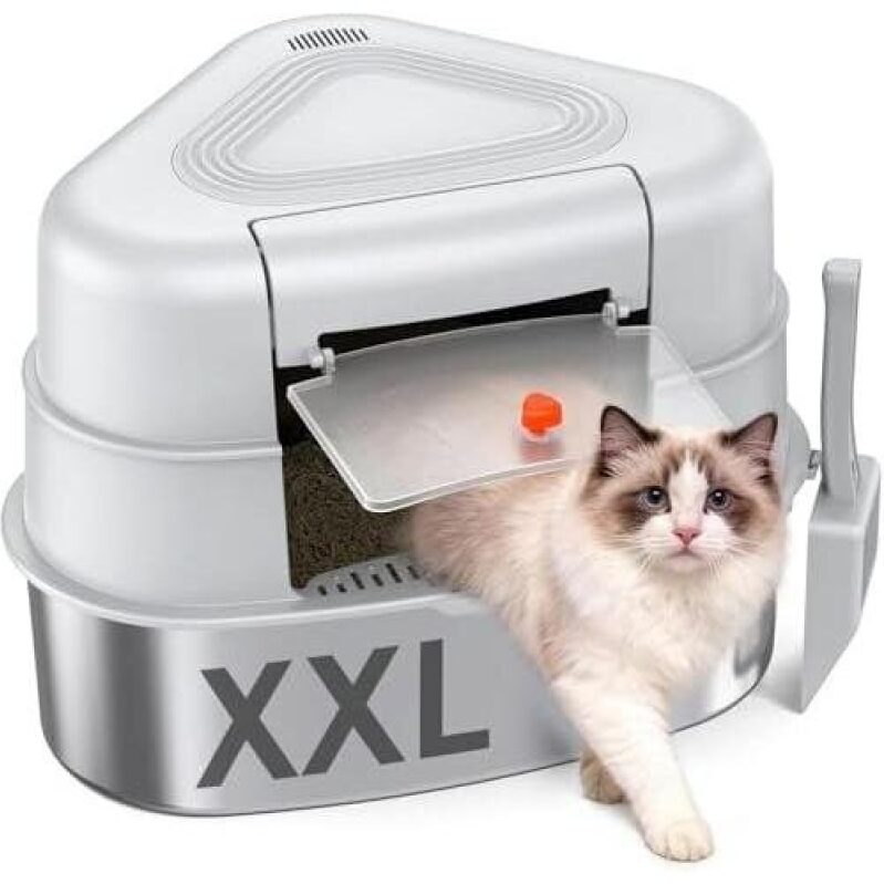 XXL Stainless Steel Corner Cat Litter Box with Lid – Durable & Easy to Clean