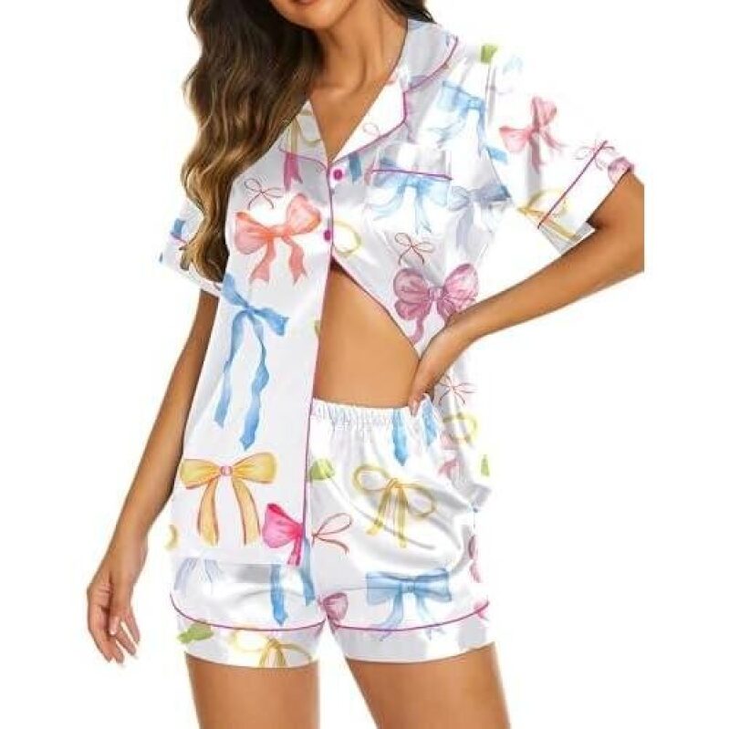 50% Off: Charming Silk Short Sleeve Pajama Set with Bows - Women's 2-Piece