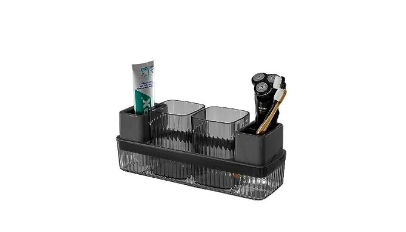 Sleek Black Toothbrush Holder for Bathrooms with 2 Cups and Toothpaste Caddy