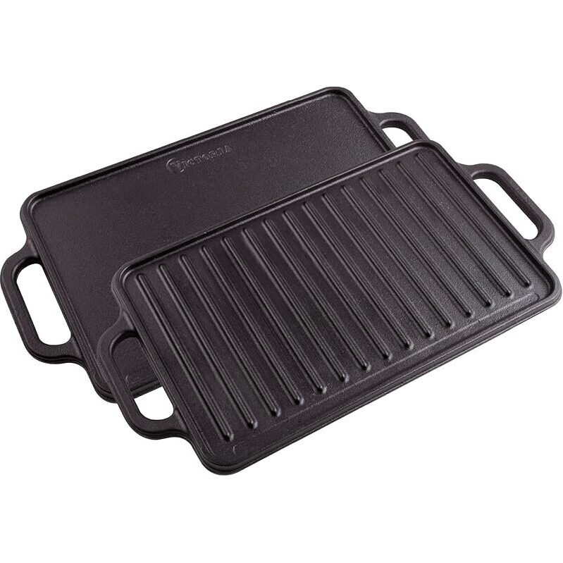 Victoria Rectangular Cast Iron Griddle 13 x 8.5 Inch - Perfect for Multiple Meals