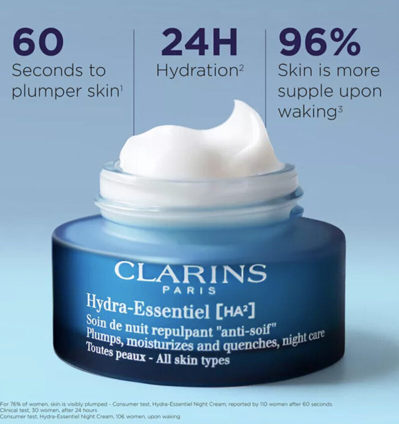 Clarins Hydra-Essentiel Night Cream: Double Hyaluronic Acid Moisturizer