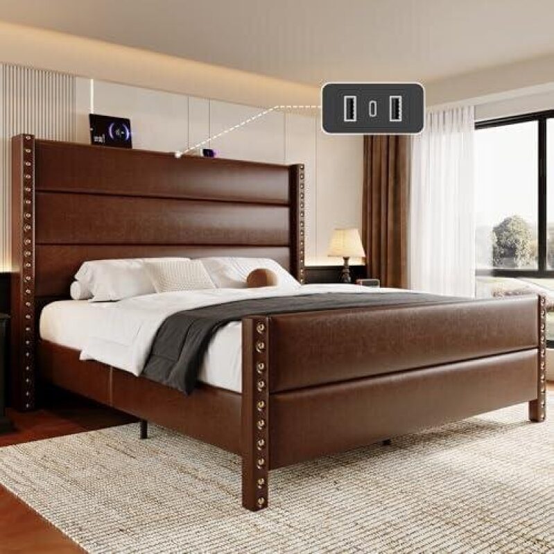 High-Tech Leather Storage Bed Frame with Charging Station - 55-Inch High Headboard