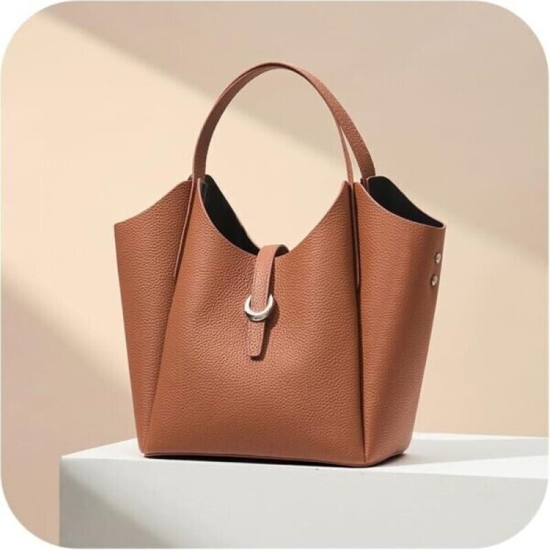 Elegant Brown Leather Tote Bag with Adjustable Strap - 52% Off