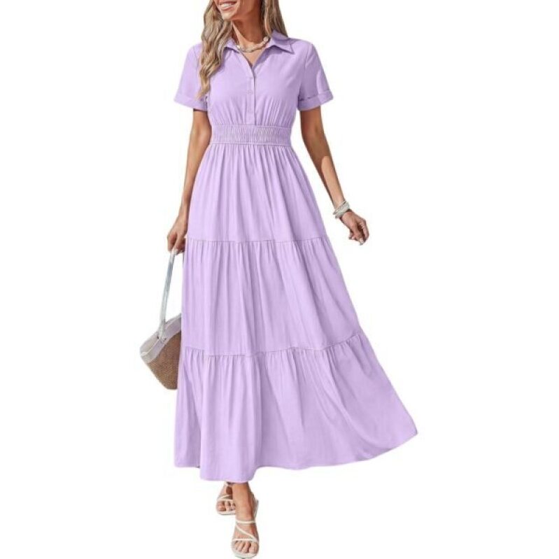 BTFBM Beach Fashion Dress for Women - Light Purple V-Neck Boho Maxi Dress