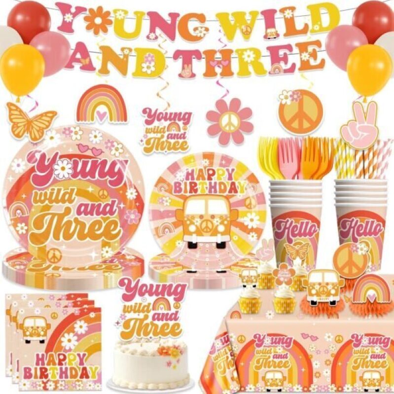 Young Wild and Three Party Decorations Tableware Set for 3 Year Old Birthday